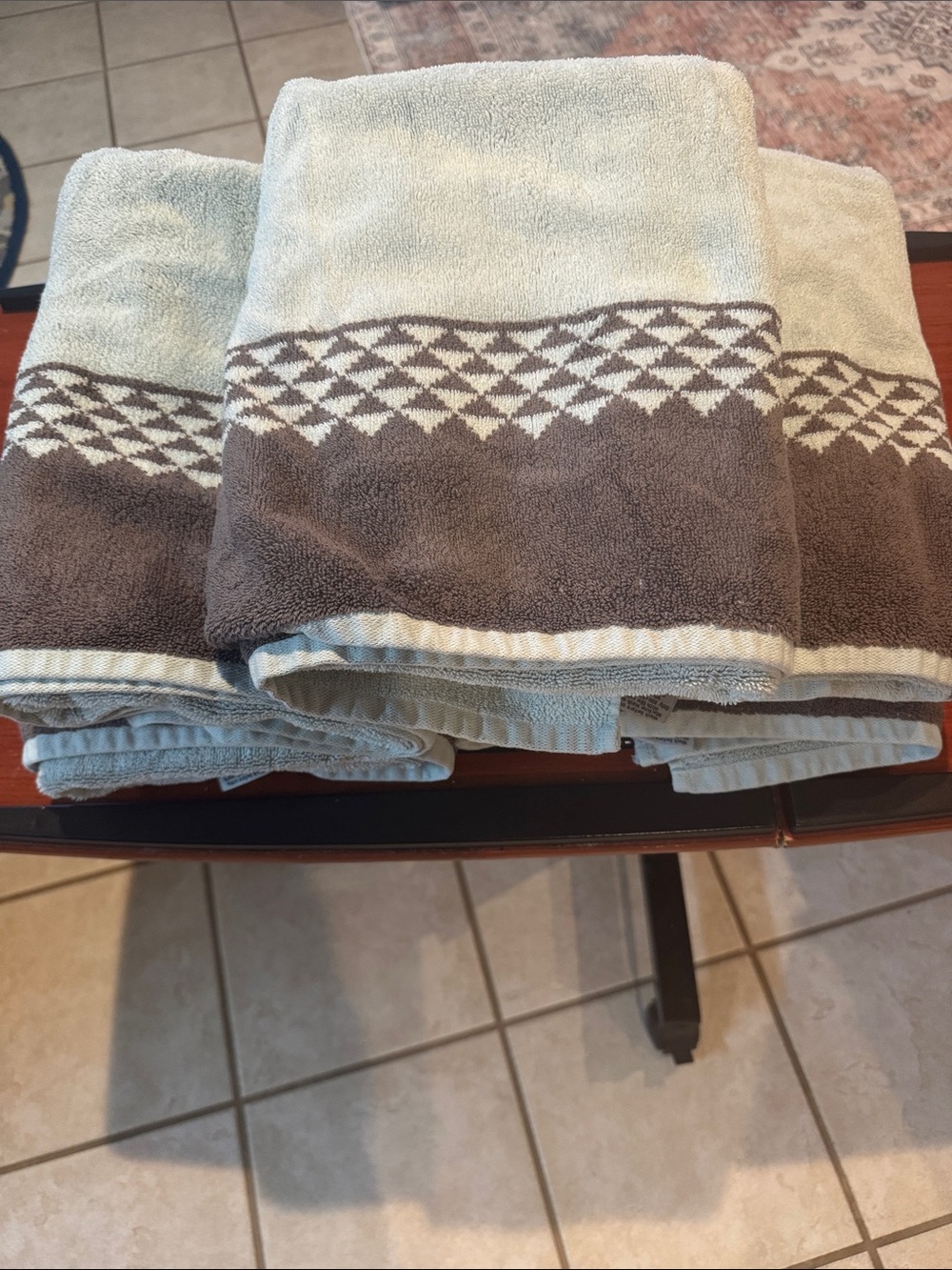 Apt. 9 Light Teal Or Green and Brown Cotton Bath Towels with Geometric Border 5